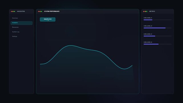 Dark mode software dashboard with animated blue wave chart and