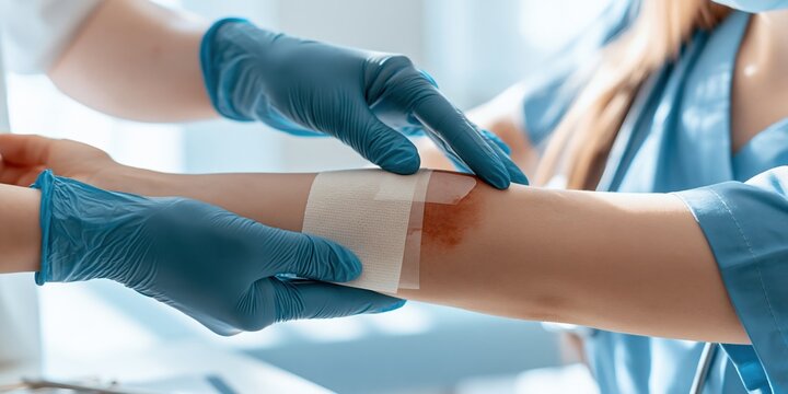 Medical professional applies bandage to patient's arm, demonstrating care and recovery in a clinical setting