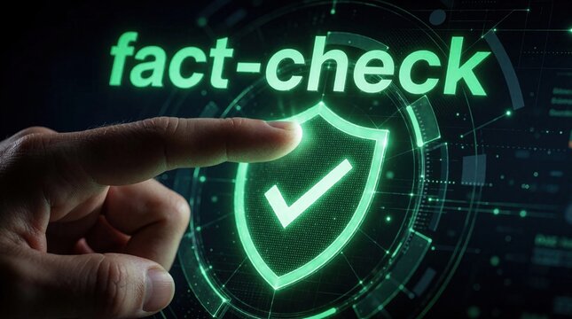 Human hand touches green digital interface for fact check process. Finger presses shield icon with check mark on hologram screen. Person verifies information accuracy, fights ai slop using advanced