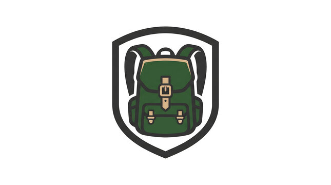 Green Backpack Inside a Shield Emblem, symbolizing adventure, travel, and safety.
