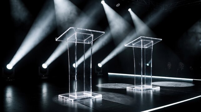 Two clear acrylic podiums stand on dark stage under bright spotlights. Transparent lecterns illuminated by stage lights for debate conference. Empty modern rostrum set for political speech, public