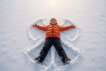 Obraz premium Overhead view of a young boy making a snow angel in the snow, suggesting a winter walk or Christmas fun in a pristine white field.