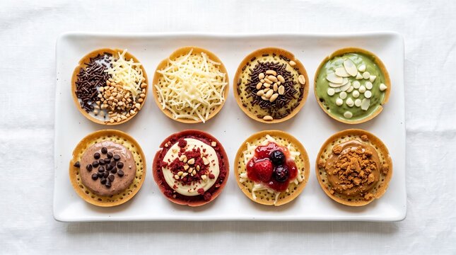 Top view of assorted mini Indonesian sweet martabak manis or terang bulan pancakes with cheese, chocolate, matcha, red velvet, berry jam, and cookie crumbs on a white plate.
