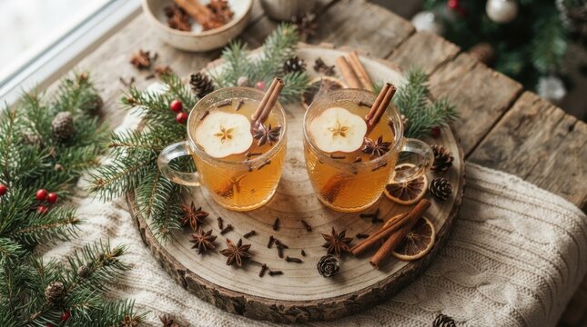 Two glass mugs of hot spiced apple cider served on a rustic wooden board with winter decorations