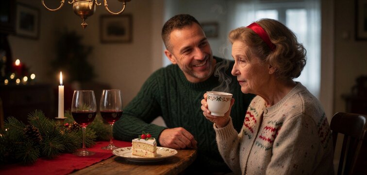 A warm moment of Christmas dinner conversation between a smiling man and an elderly woman sharing cake and tea at a decorated wooden table.
