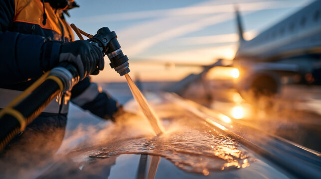 Close up of aircraft deicing nozzle spraying orange fluid over wing surface, cold winter airport morning, mist visible