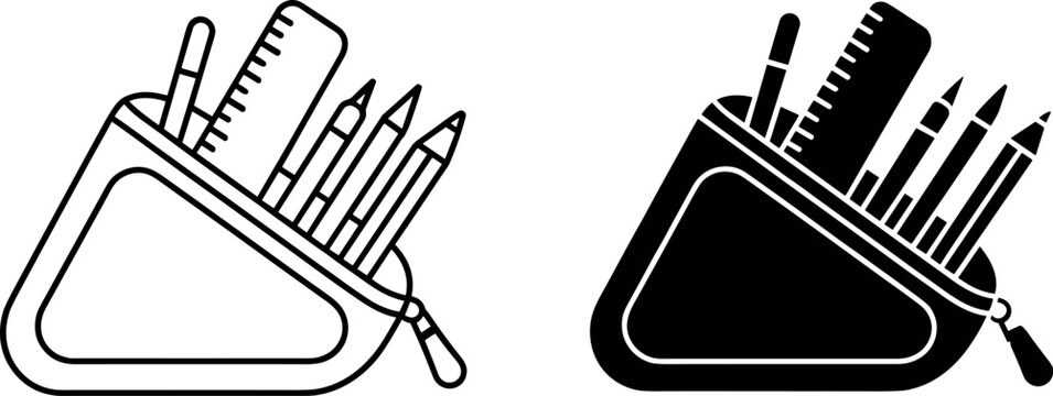 Pencil Case Stand with School Stationery Vector Icon Set in Line Art and Silhouette Style