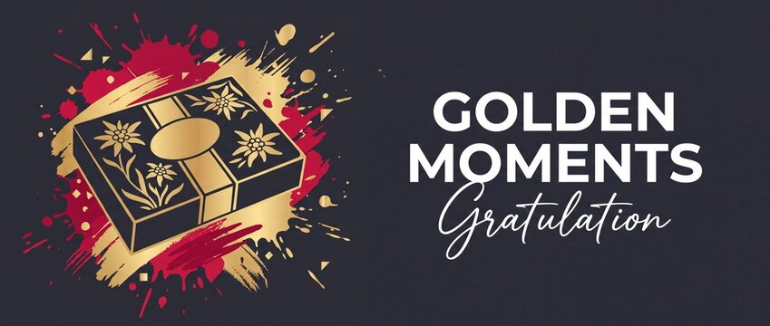 Golden gift box celebration background banner featuring edelweiss floral design with red paint splatters and golden moments gratulation typography for luxury greetings, anniversary events and sales.