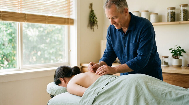 Senior Male Practitioner Performing Acupuncture Treatment on Woman's Back in Bright Holistic Wellness Clinic