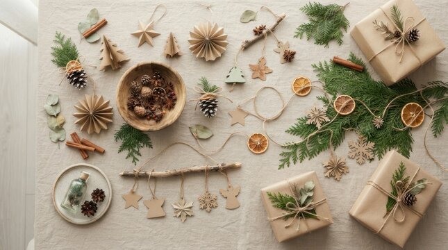 Flat lay of rustic Christmas decorations and wrapped gifts on a natural linen tablecloth surface