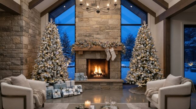Cozy living room interior featuring two decorated Christmas trees and a warm stone fireplace