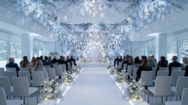 Elegant winter wedding ceremony venue decorated with white flowers and hanging crystal snowflakes