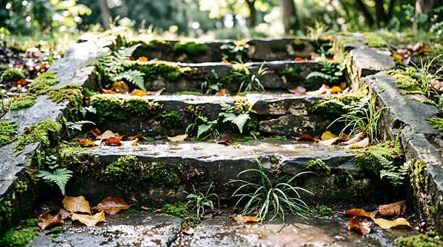 Autumn Leaves Scattered on Green Grass in a Peaceful Garden, Colorful Fallen Foliage Creating a Natural Seasonal Landscape and Rustic Outdoor Scene