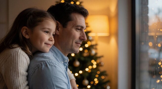 Young girl leans on fathers shoulder, gazing out window while he watches the glowing Christmas tree in warm light.