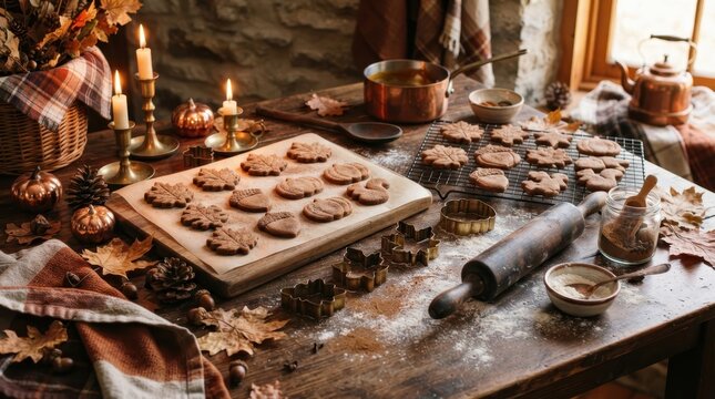 Rustic autumn kitchen scene with freshly baked leaf shaped cookies on a wooden table setting