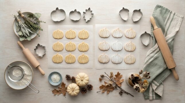 Flat lay of pumpkin shaped cookies with baking tools and autumn decorations on a wooden table