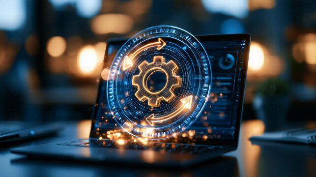 Holographic gear and arrow loop icon glowing above laptop, continuous improvement and automation cycle concept, clean futuristic desk, with copy space
