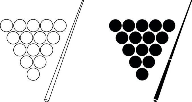 Billiards Cue Stick and Rack Balls Line and Glyph Icon Set for Pool and Snooker Games