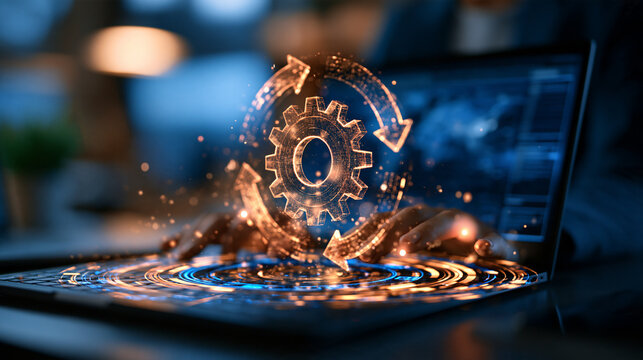 Holographic gear and arrow loop icon glowing above laptop, continuous improvement and automation cycle concept, clean futuristic desk, with copy space