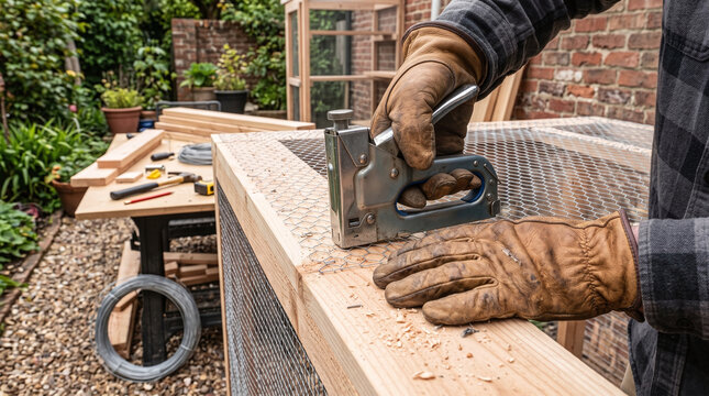Close-up of hands in leather work gloves using a staple gun to attach wire mesh onto a wooden frame.
