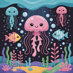 Obraz premium Cute cartoon jellyfish swimming in deep ocean with tropical fish and coral jellyfish underwater