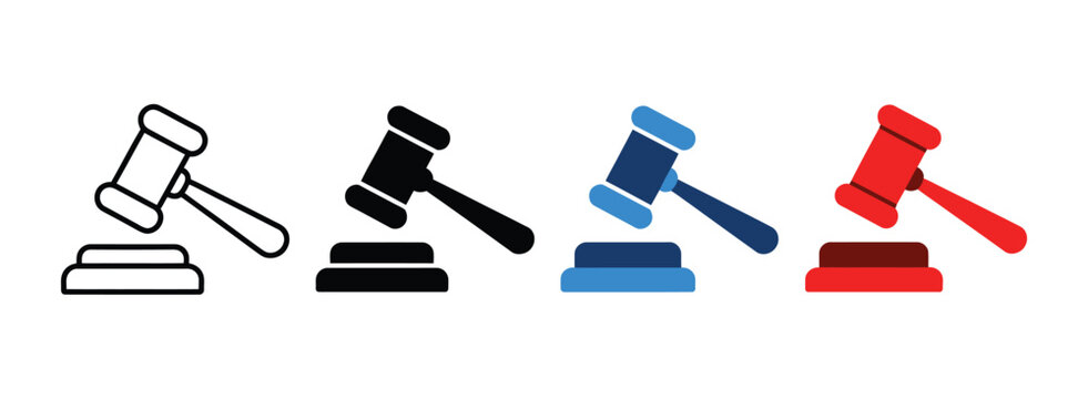Judge gavel icon set, flat and outline legal auction hammer symbols, justice and law vector collection, courtroom and bidding concepts, legal service design