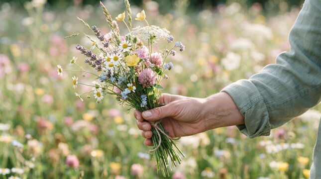 Hand holding fresh flowers in nature