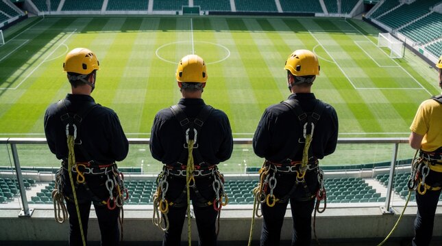 Three male industrial rope access technicians wear yellow helmets, safety harnesses at large football stadium. Professional crew stand on balcony overlooking green soccer pitch for inspection. Team