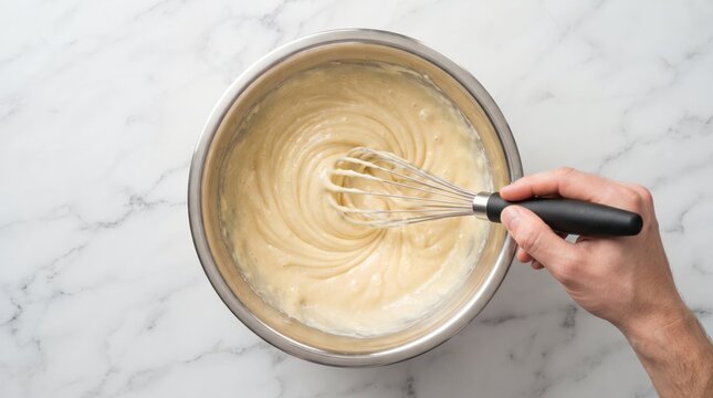 Hand mixing batter with electric whisk in a metal bowl