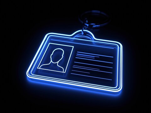 Glowing Blue Neon Identity Card Holder with Placeholder Profile and Text Lines on Black Background