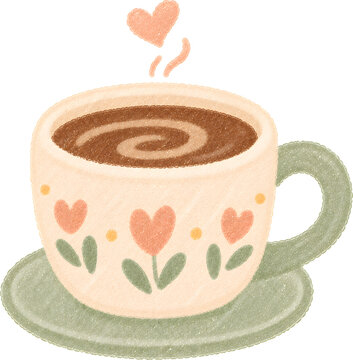 crayon-style illustration of coffee cup with tiny heart steam
