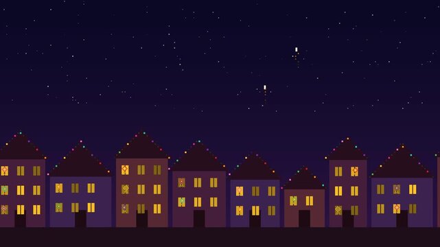 Pixel art village houses decorated with twinkling string lights and glowing windows at night for Diwali celebration