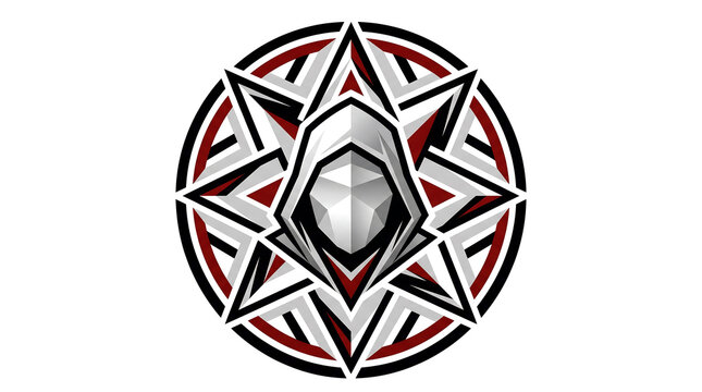 Mysterious Hooded Figure Emblem with Geometric Star Design for Gaming and Security.