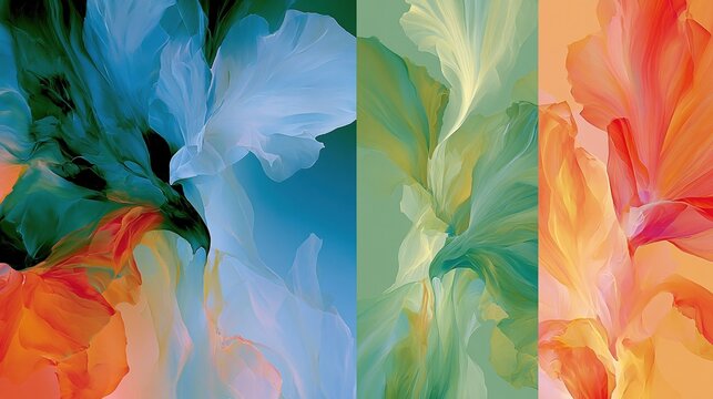 Abstract Fluid Art Triptych with Vibrant Orange, Blue, and Green Tones