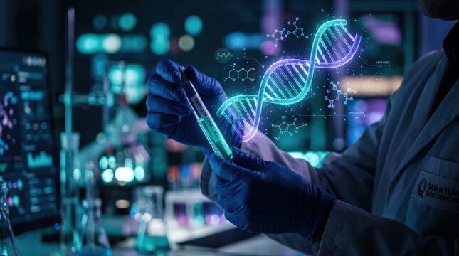 Scientist holding test tube with DNA helix projection in laboratory, genetic engineering research, biotechnology development and molecular analysis visualization for scientific