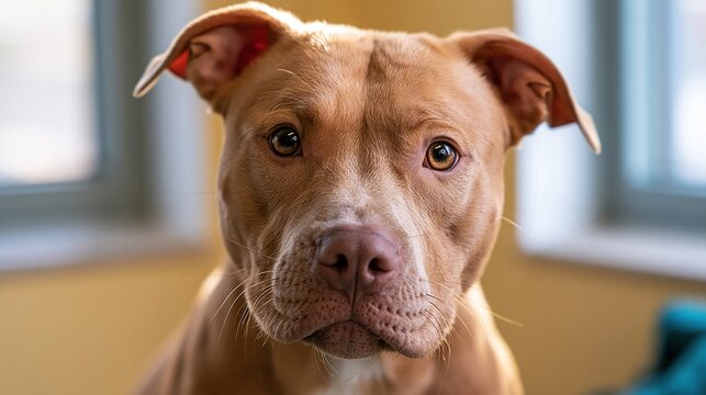 Close-up portrait of a friendly, loyal tan pit bull dog with expressive eyes looking directly at the camera indoors