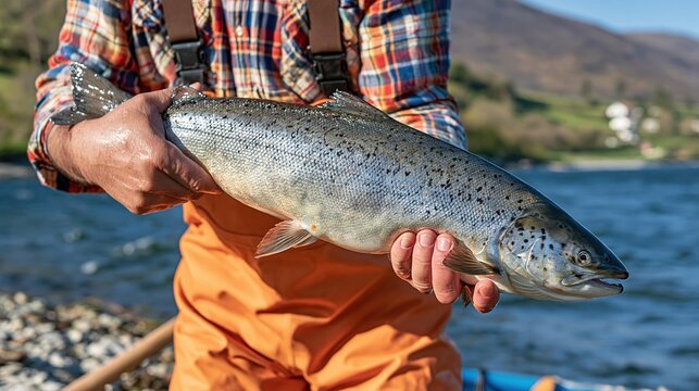 Fisherman proudly displays freshly caught large salmon from river, showcasing aquatic bounty and outdoor recreation