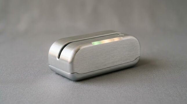 Sleek silver credit card reader terminal for modern point of sale systems on a textured surface