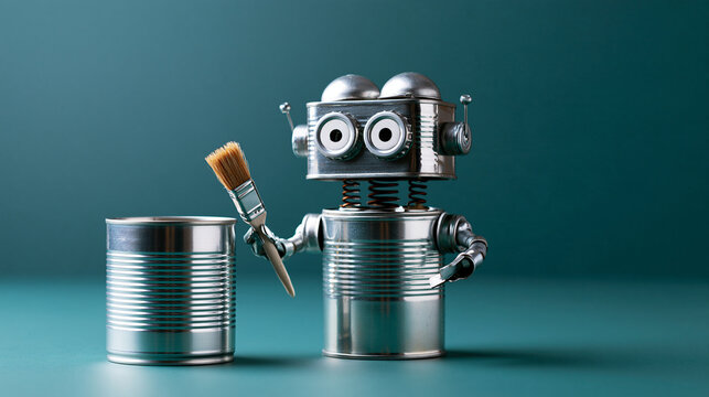 Handmade retro service robot assembled from tin cans and bottle caps holding a tiny paintbrush, tabletop still life on saturated teal backdrop, dome shaped eyes above a rectangular