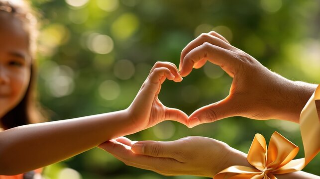 Close-up of a child and adult forming a heart shape with their hands, symbolizing love and connection outdoors