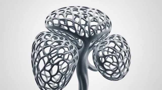 Abstract cellular network sculpture rotating in seamless motion video loop with bright clean white background