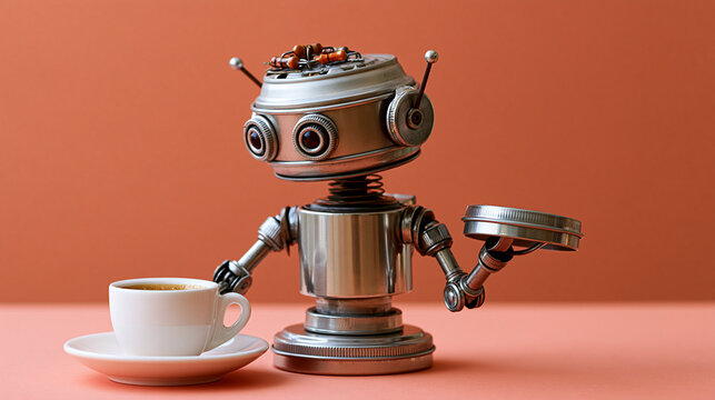 Handmade retro barista robot assembled from metal scraps and coffee tin lids holding a tiny espresso cup, tabletop still life on saturated coral backdrop, boxy head with exposed re