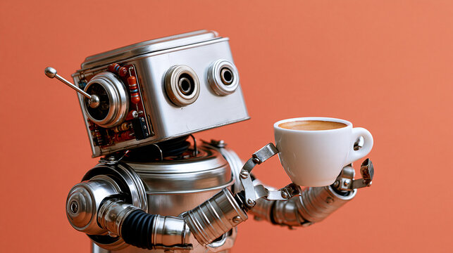 Handmade retro barista robot assembled from metal scraps and coffee tin lids holding a tiny espresso cup, tabletop still life on saturated coral backdrop, boxy head with exposed re
