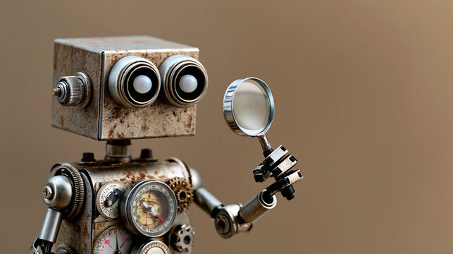 Handmade retro explorer robot assembled from rusted metal and compass parts holding a tiny magnifying glass, tabletop still life on saturated khaki backdrop, bulb eyes above boxy h