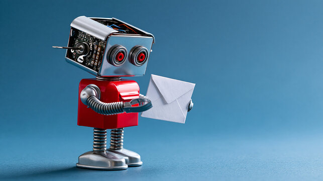 Handmade retro postal robot assembled from tin scraps and typewriter keys holding a miniature envelope, tabletop still life on saturated blue backdrop, boxy head with exposed circu
