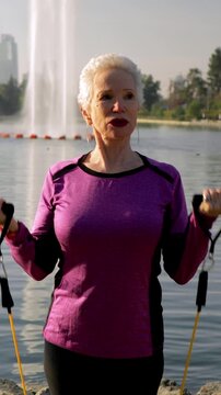 71 year old woman working out in the park with resistance bands. Vertical video.