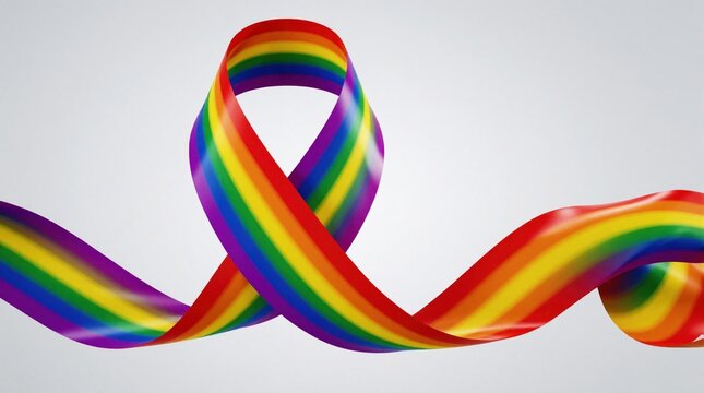 Rainbow colored ribbon swirls in air on white background. Pride flag colors represent LGBTQ community, human rights. Symbol of diversity, equality, freedom for people. Vibrant spectrum satin tape