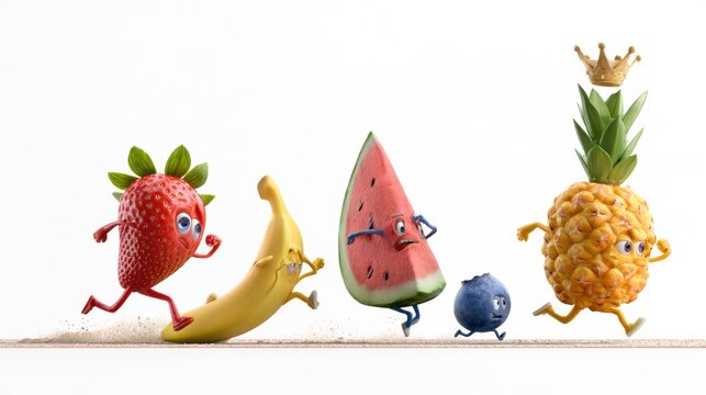 Fruit characters race on a track with a white background.