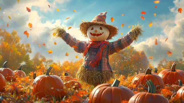 A scarecrow standing in a pumpkin patch surrounded by leaves