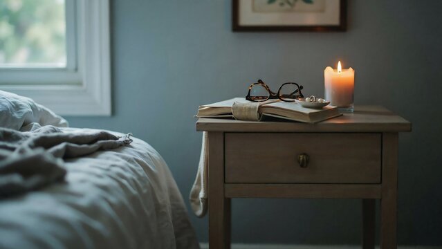 Wooden nightstand with lit candle, open book and glasses next to a bed with soft blue bedding